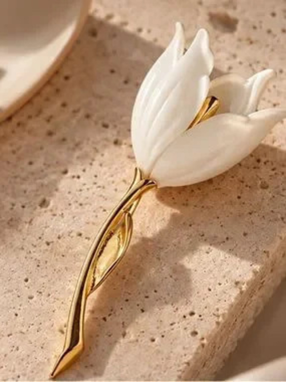 Sculptural White Flower Brooch Gold Botanical Lapel Pin